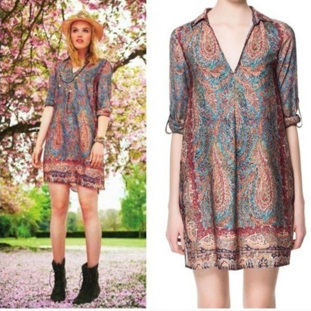 Zara Roll Tab Sleeve Above Knee Mini Dress boho feather paisley medium EUC